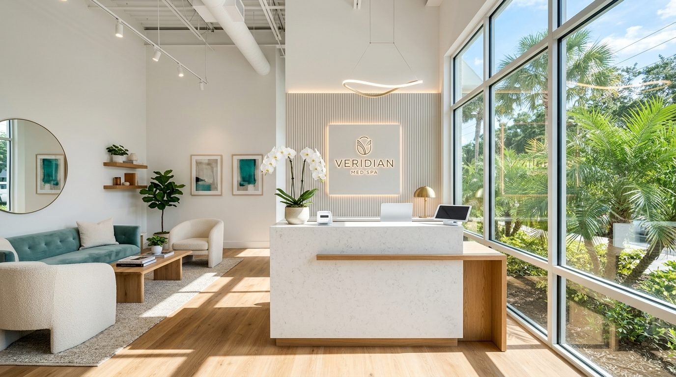 Bright modern Florida med spa reception with white counters, teal accents, and sunlight through palm-lined windows